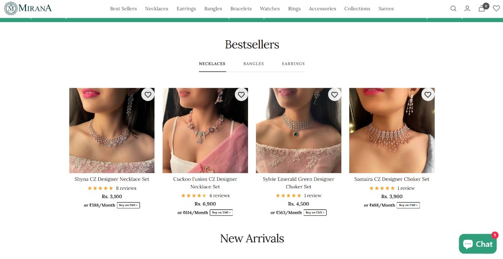 Mirana Jewels homepage preview